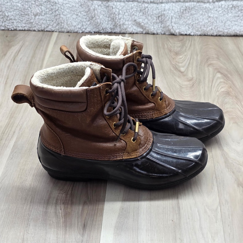 Michael Kors Duck Boot Winter Snow Rain Leather Shearling Brown Black Womens 8.5